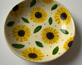 Handgeschilderde zonnebloemkeramische trinketschaal | Gouden polkadot sieradenhouder