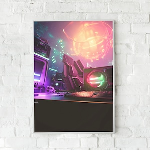 May include: A digital art print depicting a futuristic gaming setup with neon lights, a glowing orb, and a large speaker. The scene is set in a dark room with a purple and pink colour scheme.