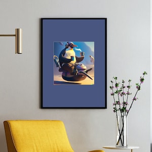 Op de afbeelding: Een cartoonpinguïn met een pilotenhelm en een bril zit op een vliegende schotel en houdt een kopje koffie vast. De schotel vliegt over een woestijnlandschap met een helderblauwe lucht.