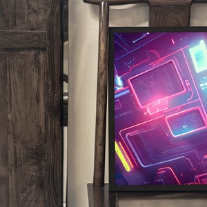 May include: A framed print of a digital art piece featuring a futuristic, abstract design with neon pink and blue lines and shapes.