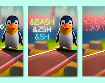 Digital Poster Printable - Technology and Science Art - Computers and Penguins in Space - "GANOOO LOONIX" - LunixEngineering Poster Store