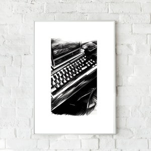 Puede incluir: Ilustración en blanco y negro de un teclado de computadora vintage con una pantalla. El teclado está inclinado y las teclas son visibles. La imagen está dibujada en un estilo de boceto.