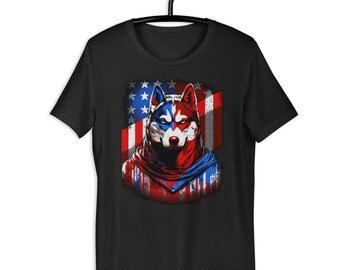 May include: A black t-shirt with a graphic of a husky dog with red, white, and blue colors, resembling the American flag.