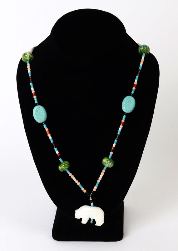 Native American Beaded Necklace, Opal Bear Pendant