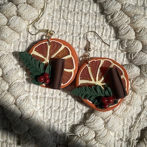 Orange Festive Polymer Clay Earrings, Lightweight, Dangle, Gold Plated, Festive, Christmas, Cottage Core