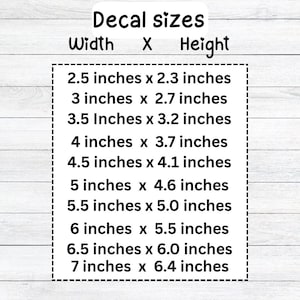 May include: A black text chart titled Decal sizes Width X Height listing dimensions from 2.5 inches x 2.3 inches up to 7 inches x 6.4 inches. The text is presented in a simple font against a white background with a dashed rectangular border.