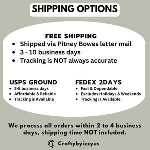 May include: A white informational graphic on a sage green background titled SHIPPING OPTIONS. It lists FREE SHIPPING via Pitney Bowes, USPS GROUND, and FEDEX 2DAYS with delivery timeframes. It states order processing is 2 to 4 business days and includes the text Craftybyizzyus.