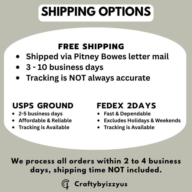May include: A white informational graphic on a sage green background titled SHIPPING OPTIONS. It lists FREE SHIPPING via Pitney Bowes, USPS GROUND, and FEDEX 2DAYS with delivery timeframes. It states order processing is 2 to 4 business days and includes the text Craftybyizzyus.