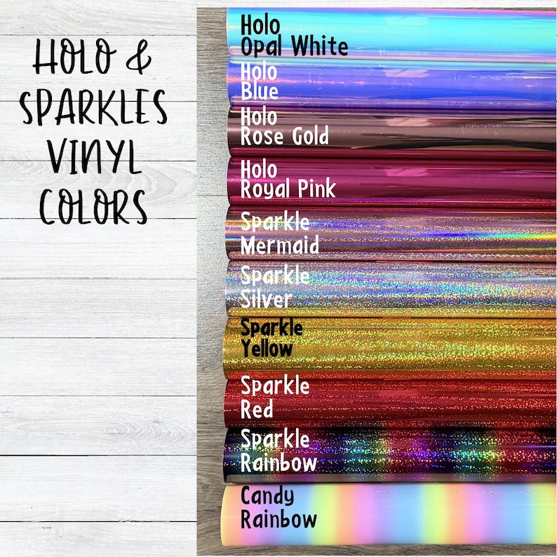 May include: A collection of ten rolls of vinyl in various finishes including Holo Opal White, Holo Blue, Holo Rose Gold, Holo Royal Pink, Sparkle Mermaid, Sparkle Silver, Sparkle Yellow, Sparkle Red, Sparkle Rainbow, and Candy Rainbow colors.