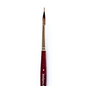 May include: A single, fine-tipped paintbrush with a dark brown wooden handle. The handle is labeled with the number "8" and the brand name "Watson Art" in white text. The brush has a silver ferrule and a pointed, natural-colored bristle head.