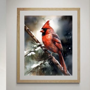 Nordkardinal Aquarell Druck – Acadia Nationalpark Vogel Kunst, Küstenlandschaft Maine Wildtiermalerei, Naturdekor im Osten der USA