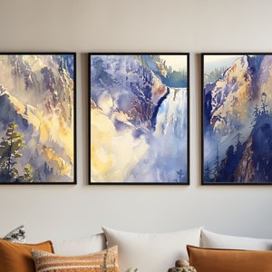 Aquarelle sur les chutes de Yellowstone : paysage triptyque du Wyoming (Ensemble de 3)