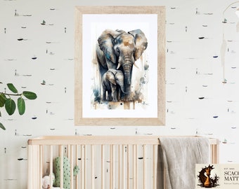 Watercolor Elephant Nursery Art: Mom and Baby Print