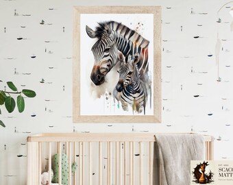 Watercolor Zebra Nursery Art: Mom and Baby Zebra Print