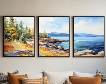 Acadia National Park Panorama Watercolor Painting |Travels in Maine | Triptych Set of 3 Prints | Coastal Scenic View