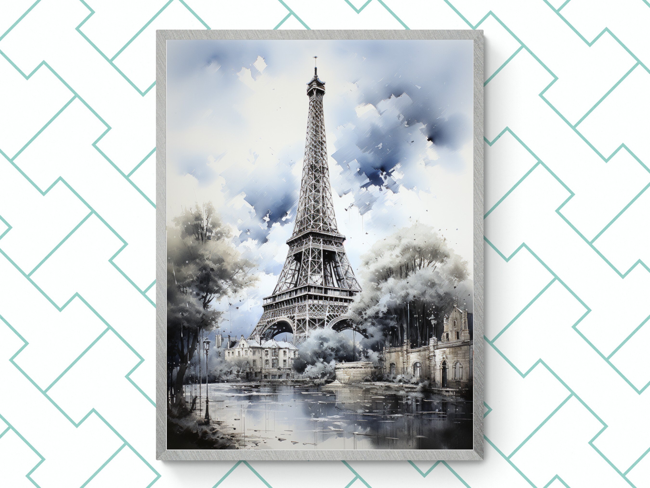 エッフェル塔のインクとアクリル画：パリのセーヌ川の芸術 - Etsy 日本