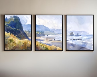 Cannon Beach Watercolor Triptych: Pacific Northwest Coastal Art, Framed or Unframed