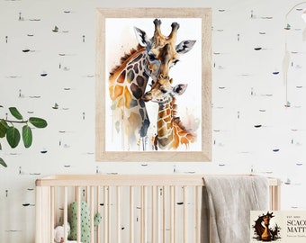Stampa artistica di giraffa ad acquerello: mamma e bambino, arredamento per la cameretta del bambino neutro