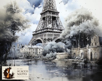 エッフェル塔のインクとアクリル画：パリのセーヌ川の芸術 - Etsy 日本
