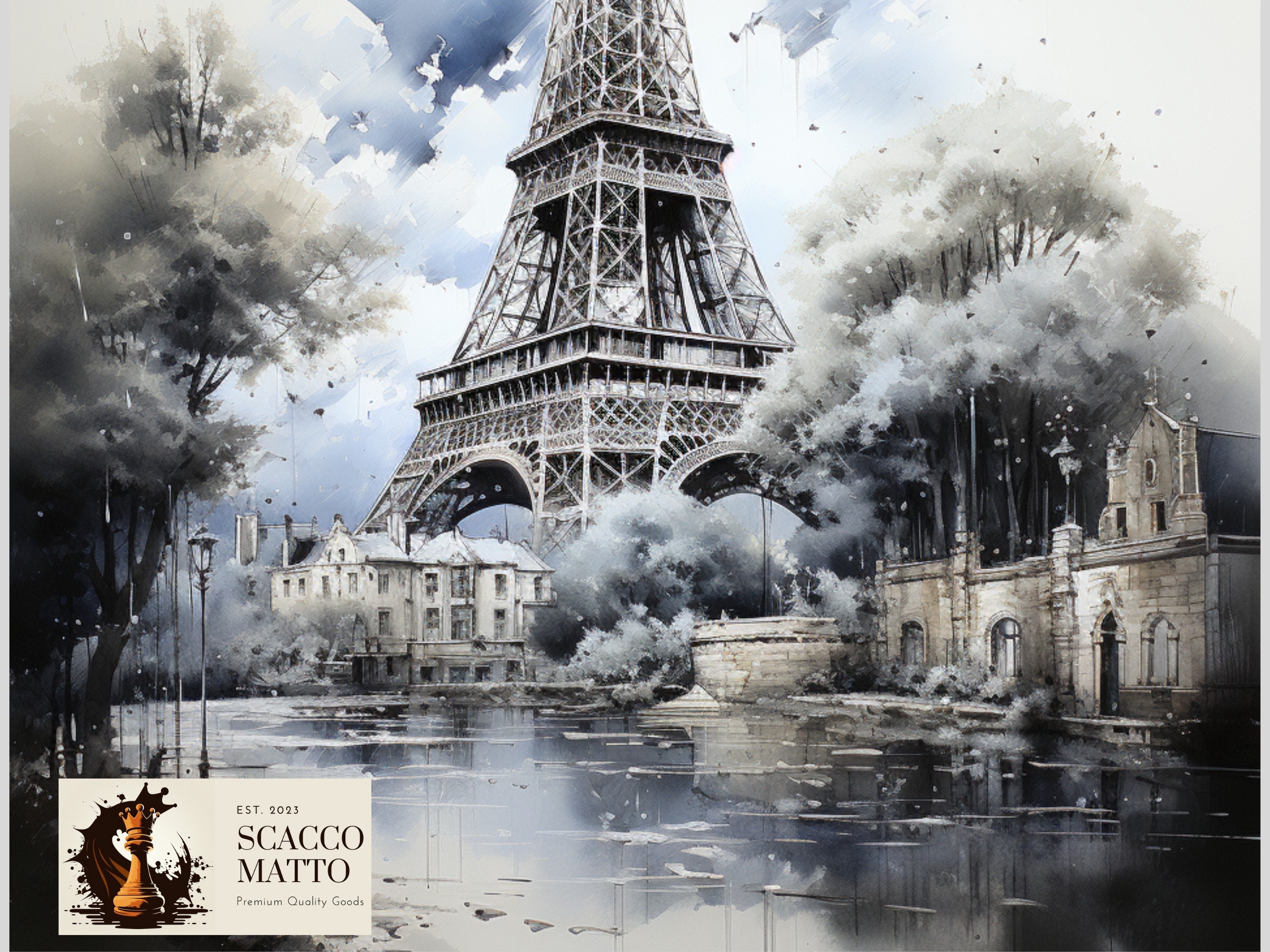 エッフェル塔のインクとアクリル画：パリのセーヌ川の芸術 - Etsy 日本