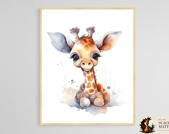 Impression aquarelle bébé girafe : art mural animal pour chambre d'enfant