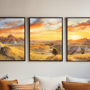 Badlands National Park Watercolor Print Triptych: South Dakota Scenic Art