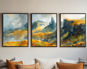 May include: Three watercolor paintings of a mountainous landscape with a cloudy sky. The paintings are framed in black and arranged in a row.