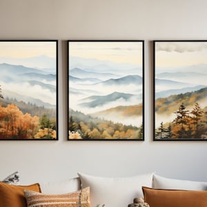 Great Smokey Mountains National Park Panorama Watercolor Painting |Travels in North Carolina| Triptych Set of 3 Prints | Mountains View