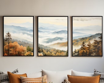 Great Smokey Mountains National Park Panorama Watercolor Painting |Travels in North Carolina| Triptych Set of 3 Prints | Mountains View