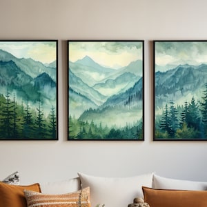 Pintura panorámica del Parque Nacional Olímpico / Viajes por Washington / Conjunto tríptico de 3 impresiones / Vista panorámica de la montaña