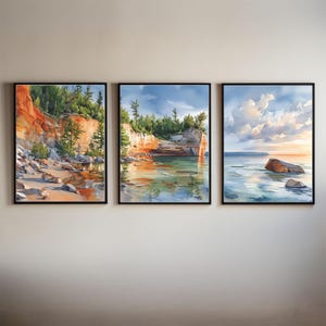 Tríptico de acuarela de Pictured Rocks • Arte mural del lago Superior de Michigan • Conjunto de impresiones panorámicas del Parque Nacional
