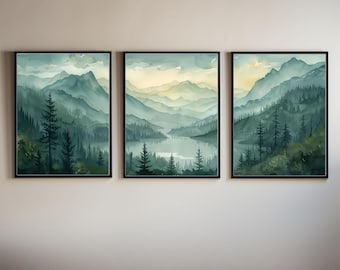 Adirondack Mountains Watercolor Panorama: Triptych Art Print Set