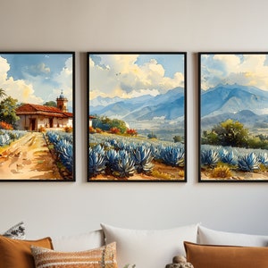 Mexico Agave Fields Watercolor Painting: Triptych Art Print Set