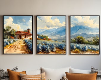 Mexico Agave Fields Panorama Watercolor Painting |Travels in Mexico | Triptych Set of 3 Prints |  Tequila Paradise