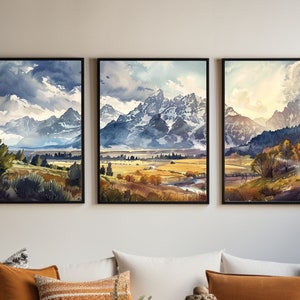 Grand Teton Nationalpark Panorama Gemälde |Reisen in Wyoming| Triptychon 3er-Set Prints |  Malerischer Blick auf die Berge