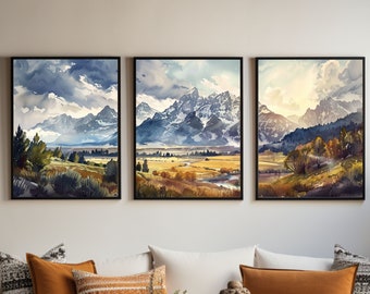 Grand Teton National Park Panorama Painting |Travels in Wyoming | Triptych Set of 3 Prints |  Scenic Mountain View