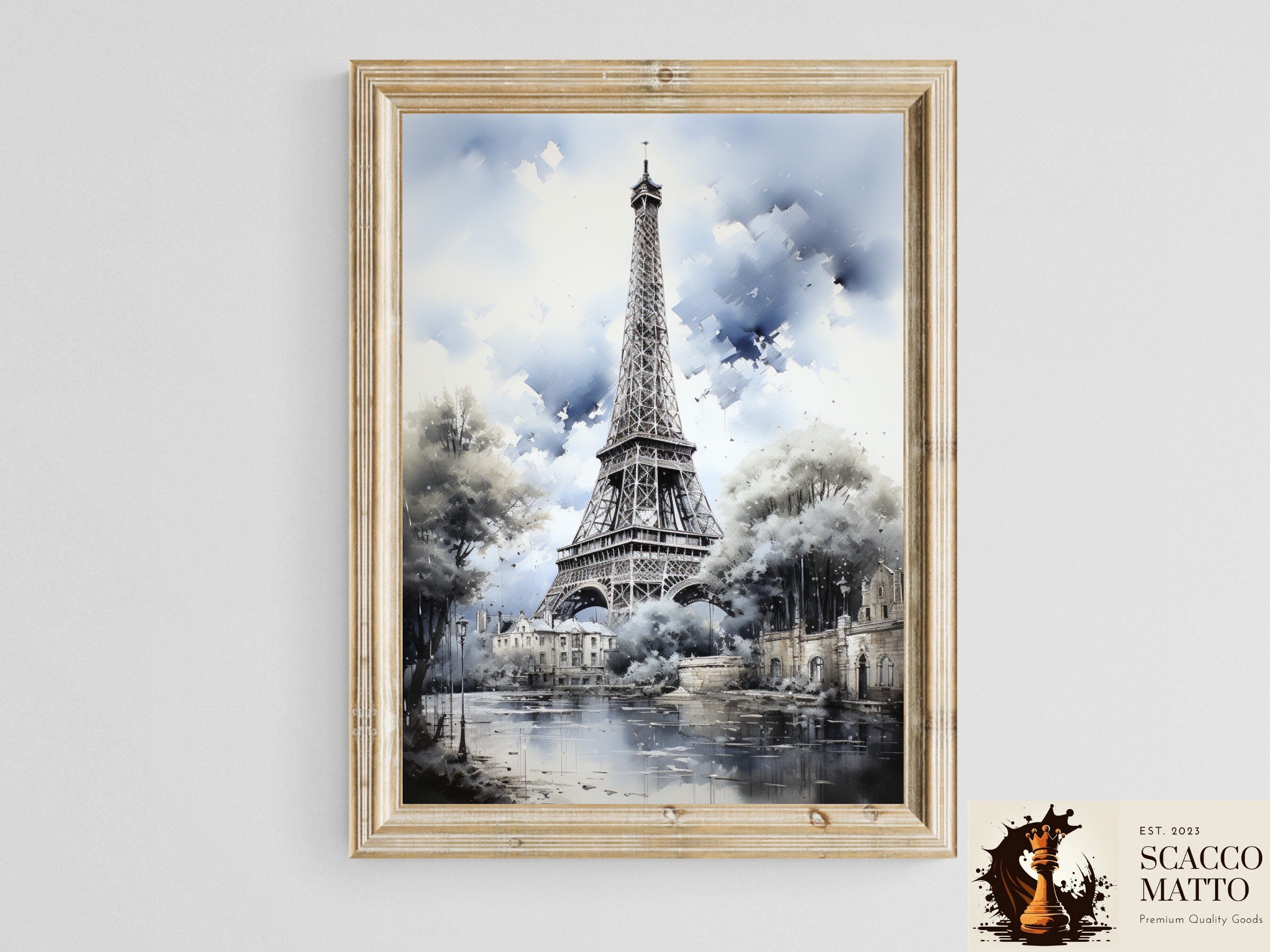 エッフェル塔のインクとアクリル画：パリのセーヌ川の芸術 - Etsy 日本