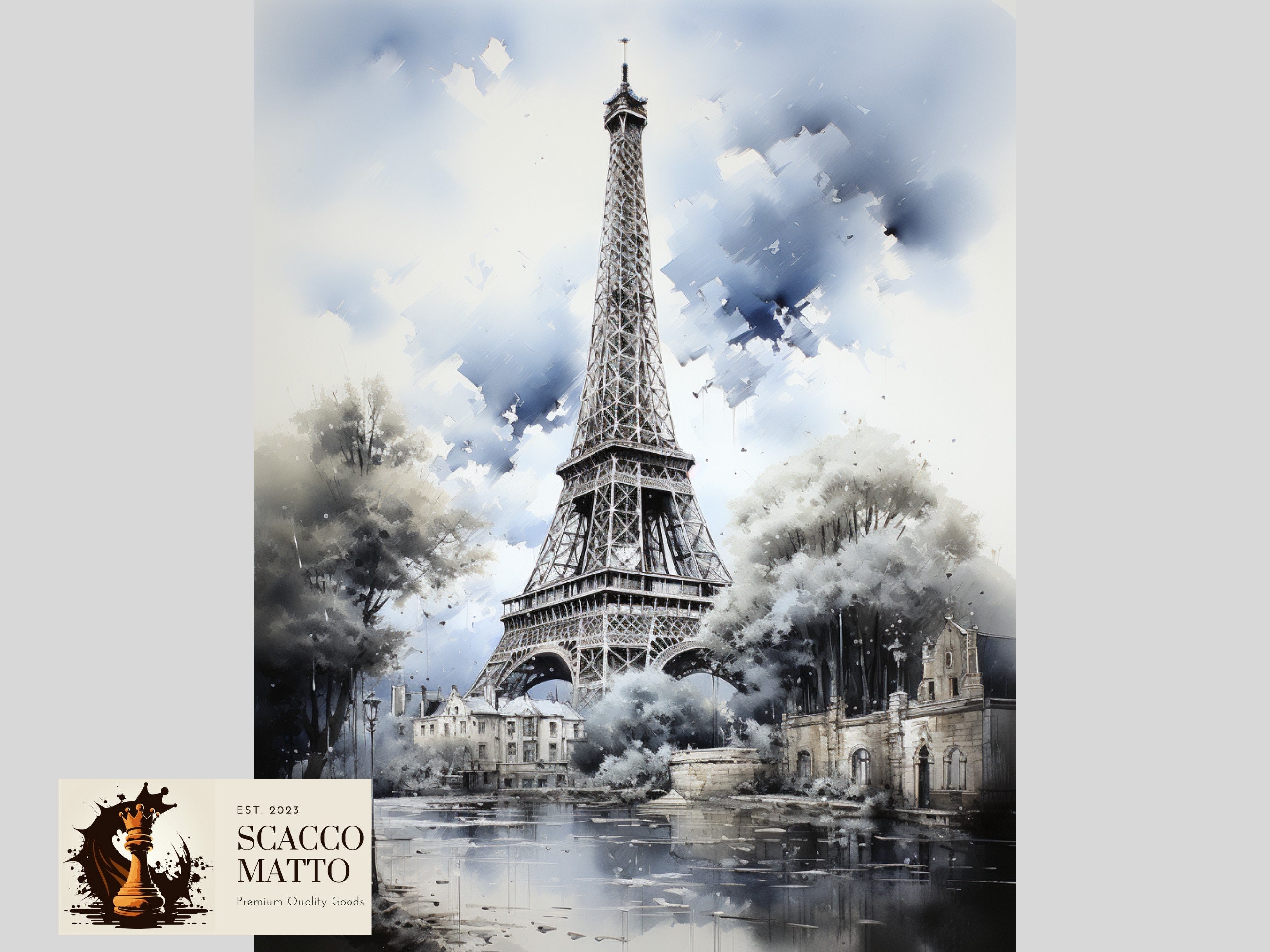 エッフェル塔のインクとアクリル画：パリのセーヌ川の芸術 - Etsy 日本