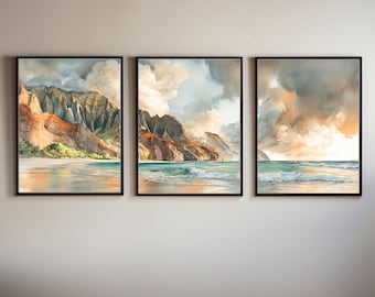 Könnte beinhalten: Dreiteiliges Set gerahmter Kunstdrucke mit einer Küstenlandschaft. Die Aquarellmalereien zeigen Berge, Meereswellen und einen bewölkten Himmel. Die Rahmen sind schwarz.