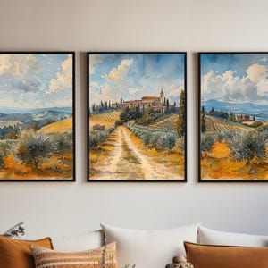 トスカーナのオリーブ畑の水彩画アートプリント | モンテプルチャーノを夢見て | イタリア旅行の三連画セット | 旅行のお土産の装飾