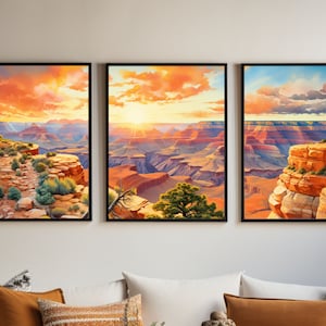 Aquarela Panorama do Grand Canyon | Viagens no Arizona | Conjunto tríptico de 3 gravuras | Vista panorâmica do Grand Canyon