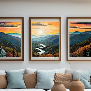 Pintura panorámica abstracta del Parque Nacional de las Grandes Montañas Humeantes / Viajes por Carolina del Norte / Tríptico (3 impresiones) / Vista panorámica de las montañas