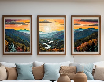 Abstract Great Smokey Mountains National Park Panorama Painting |Travels in North Carolina| Triptych Set of 3 Prints | Mountains Scenic View