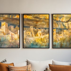 Mesa Verda Panorama aquarel |Reizen in Colorado | Drieluik set van 3 prenten | Schilderachtig uitzicht op nationaal park Mesa Verde