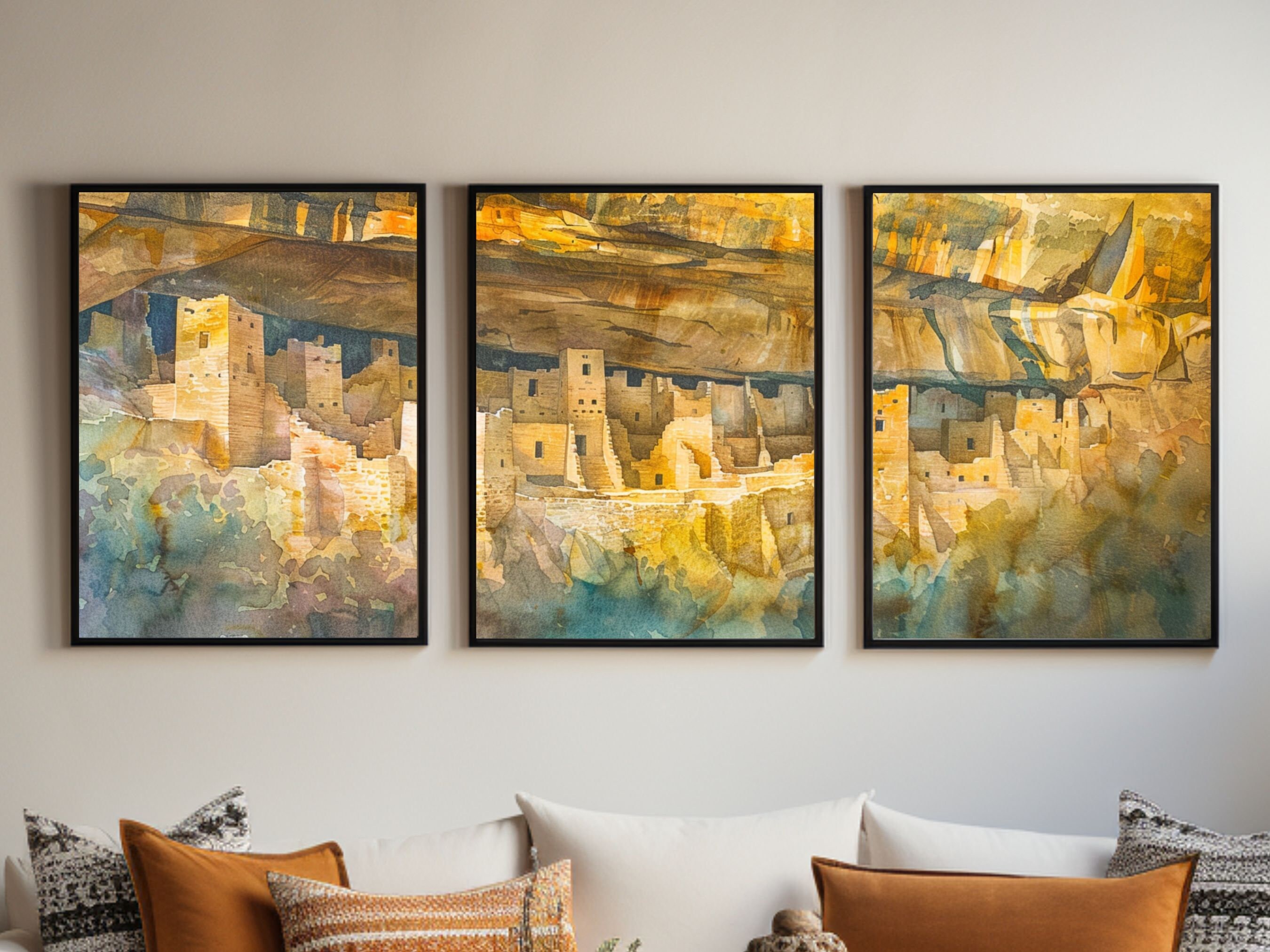 Mesa Verda Panorama Watercolor |Travels in Colorado | Triptych Set of 3 Prints | Mesa Verde National Park Scenic View