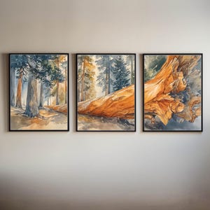 Watercolor Forest Triptych: Rustic Woodland Canvas Art Set