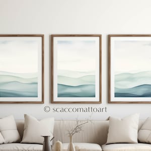 Teal Seafoam Ocean Watercolor Painting: Modern Minimal Triptych Art Print Set