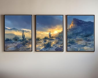 Watercolor Saguaro Cactus Triptych: Sonoran Desert Landscape Art
