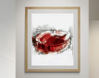 Puede incluir: Una pintura de acuarela de un estadio rojo con bordes blancos. El estadio está rodeado de un fondo blanco con acentos de acuarela grises.