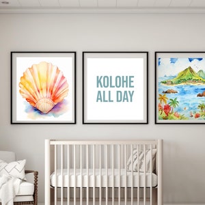Conjunto de 3, PERSONALIZÁVEL - Berçário com tema havaiano, surfe, oceano, floral e animal, impressões em aquarela